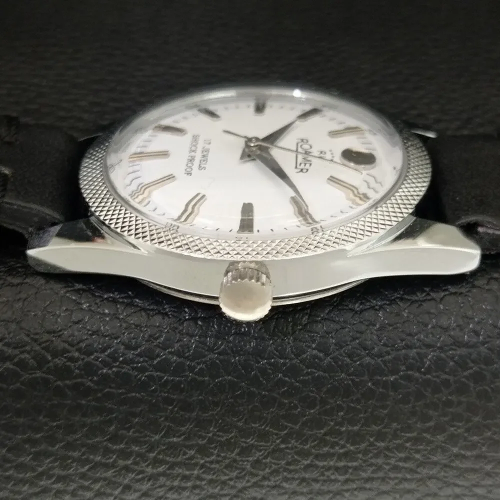 Vintage 1983 Roamer Manual Mens Silver Watch W/Leather Strap & White accents